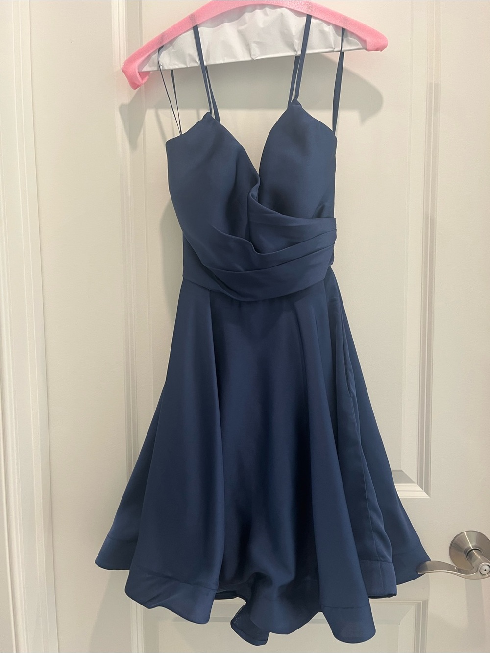 La Femme Navy Spaghetti Strap Fit-and-Flare Mini Dress with Corset Style Back.